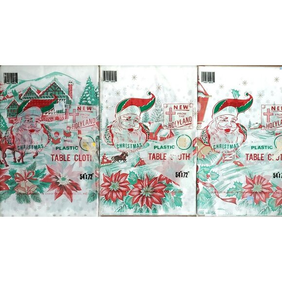 3 VTG Plastic Christmas TableCloths Cover Horse Sleigh Bells Poinsettia Holiday - Picture 3 of 9